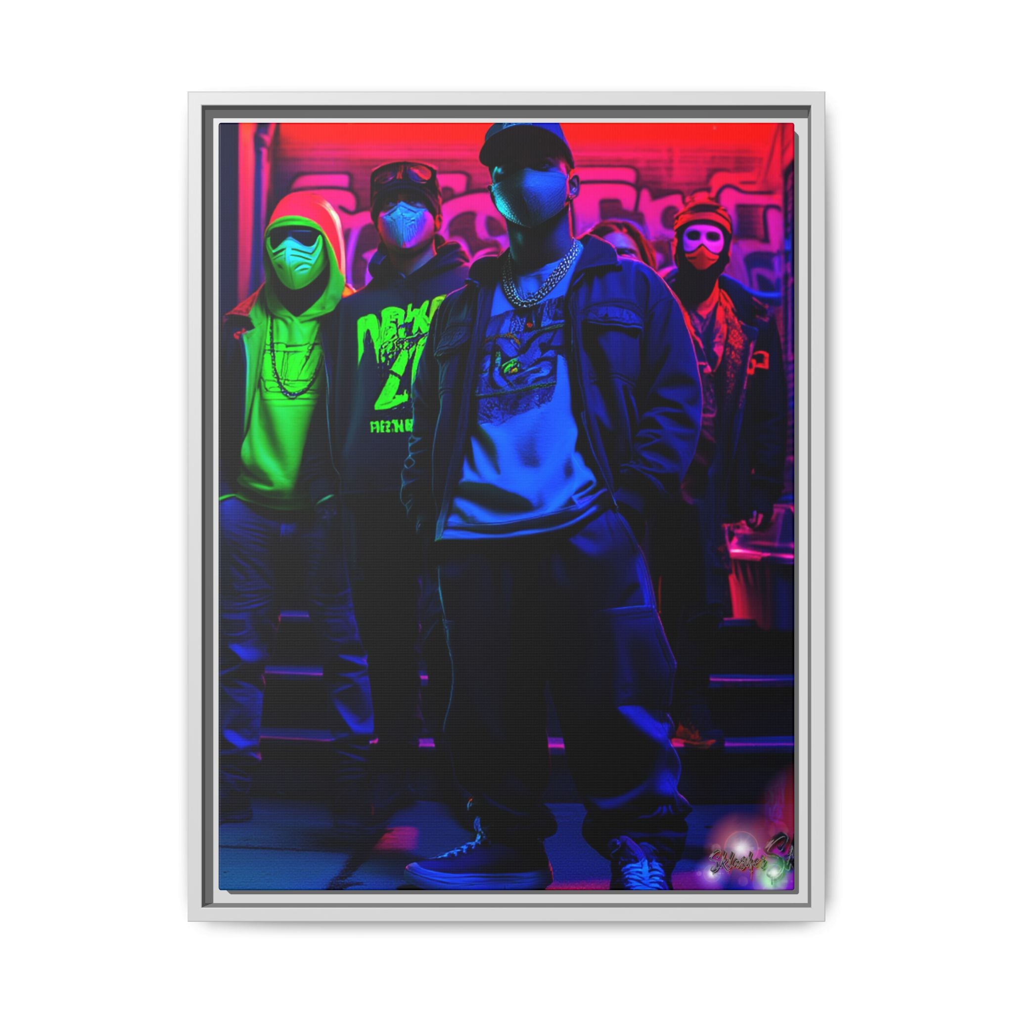 Cyberpunk Street Crew Framed Matte Canvas — Wall Art