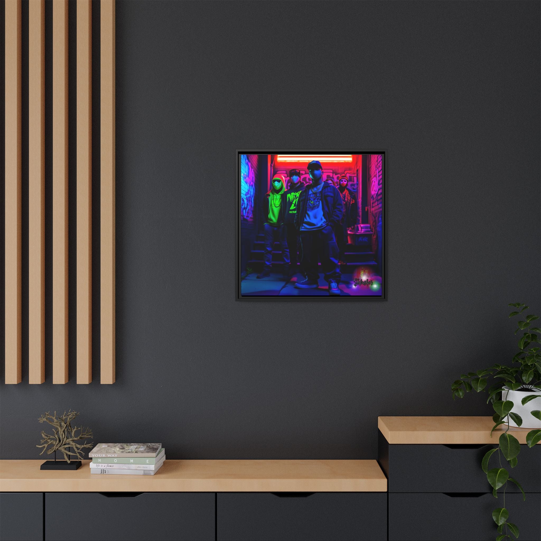 Cyberpunk Street Crew Framed Matte Canvas — Wall Art