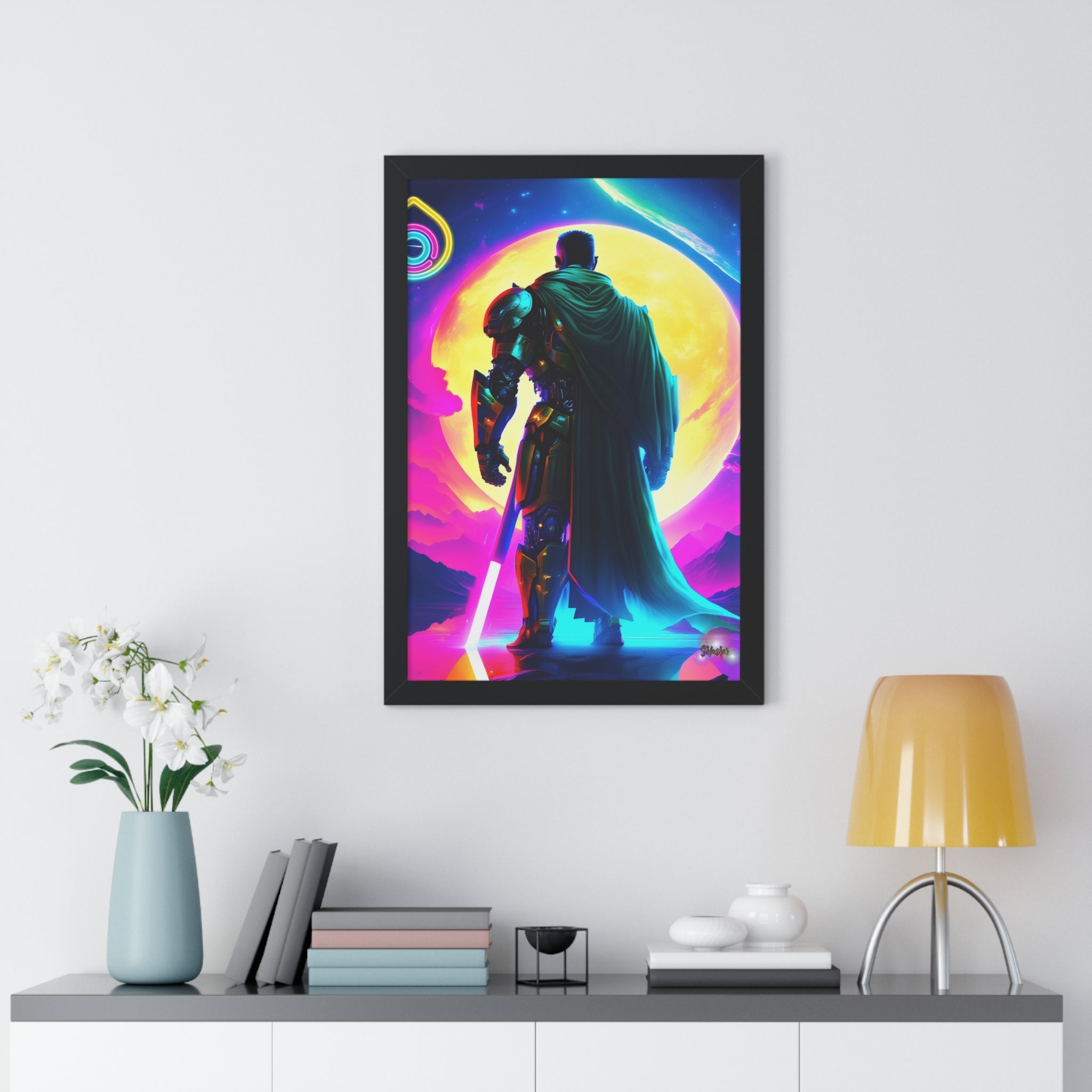 Neon Sci‑Fi Knight Framed Poster — Futuristic Cyberpunk Wall Art