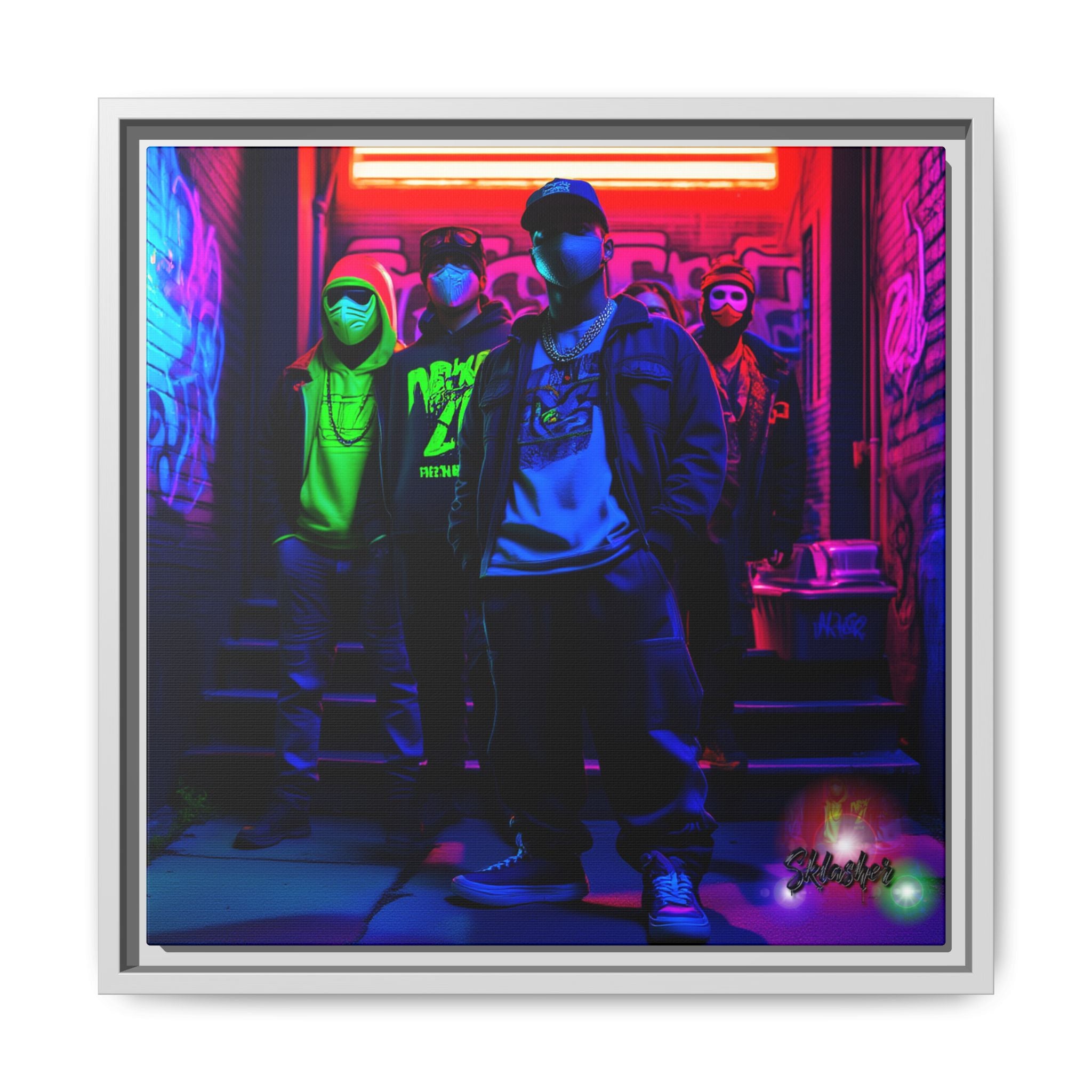 Cyberpunk Street Crew Framed Matte Canvas — Wall Art