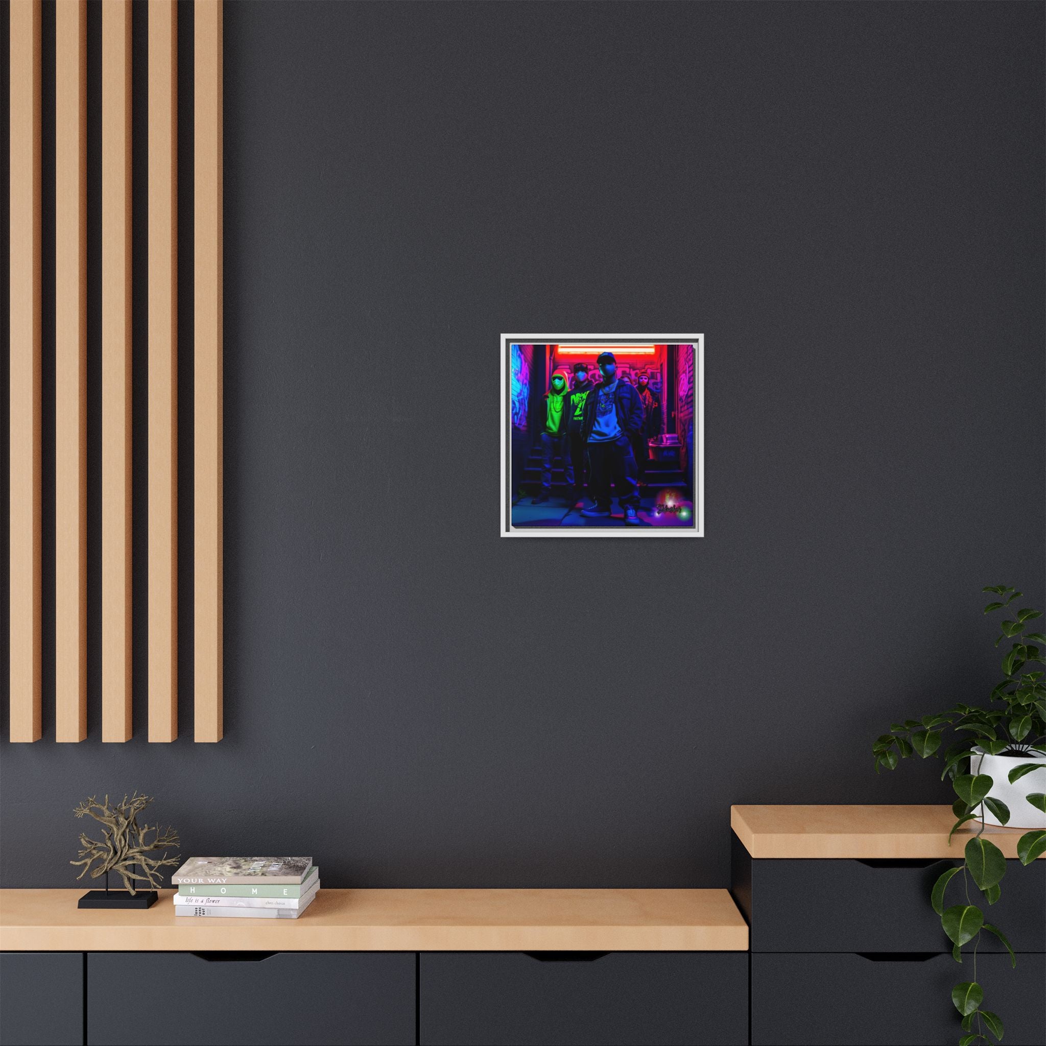 Cyberpunk Street Crew Framed Matte Canvas — Wall Art