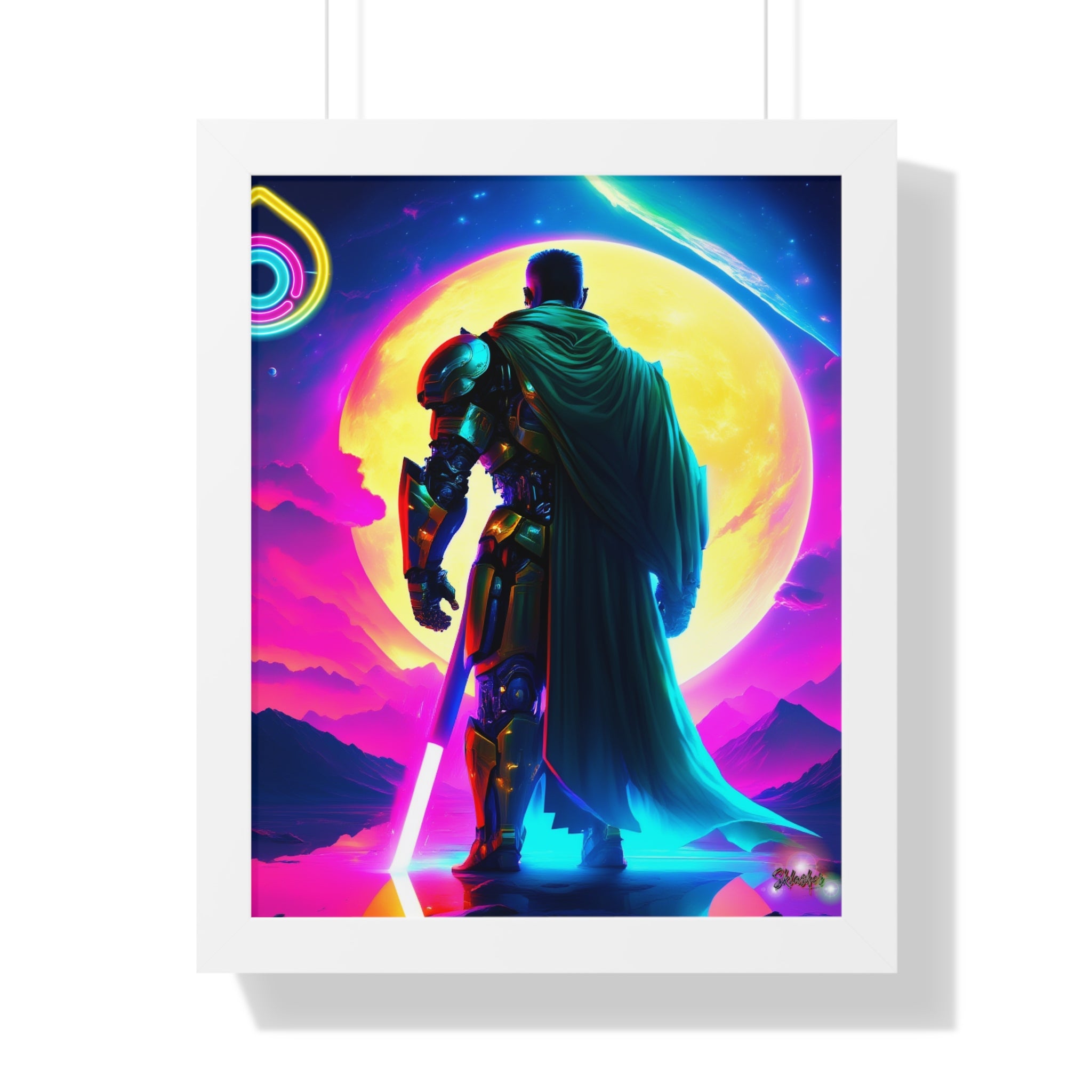 Neon Sci‑Fi Knight Framed Poster — Futuristic Cyberpunk Wall Art