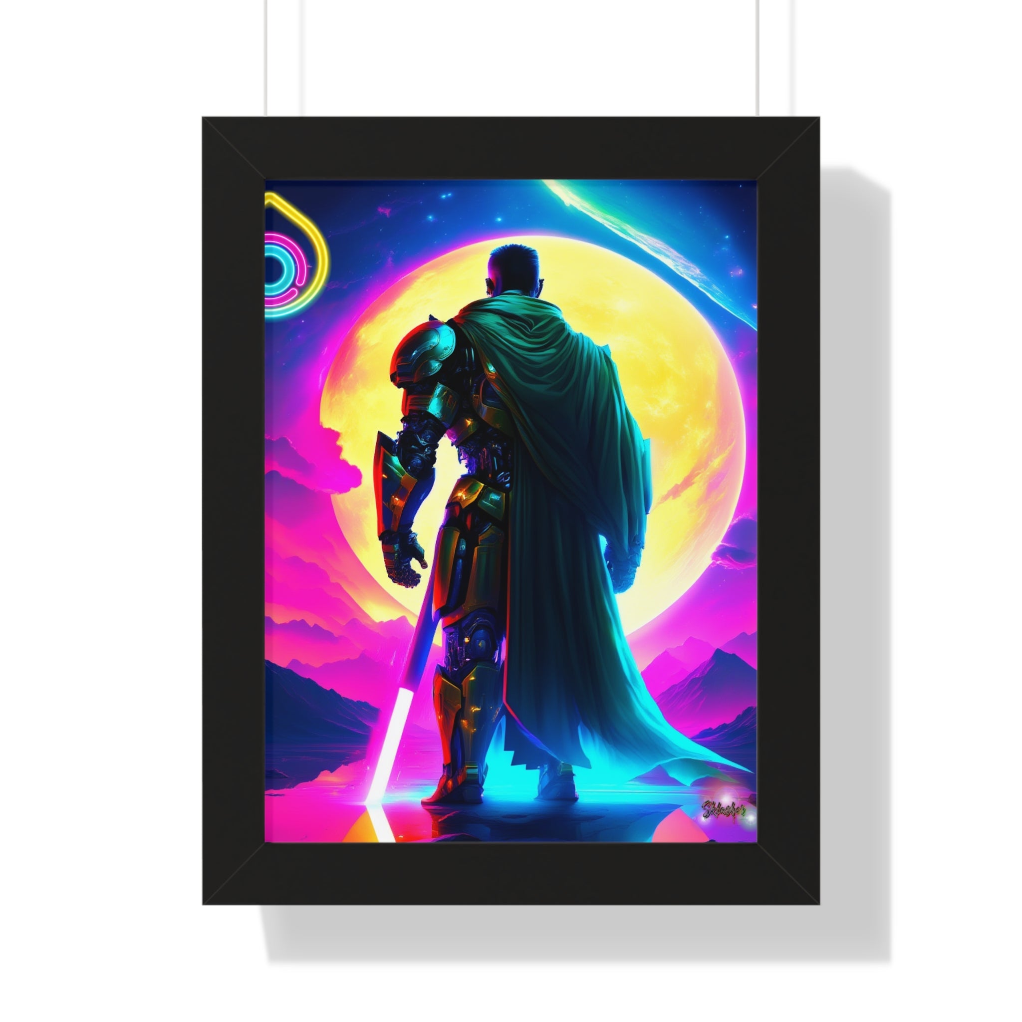 Neon Sci‑Fi Knight Framed Poster — Futuristic Cyberpunk Wall Art