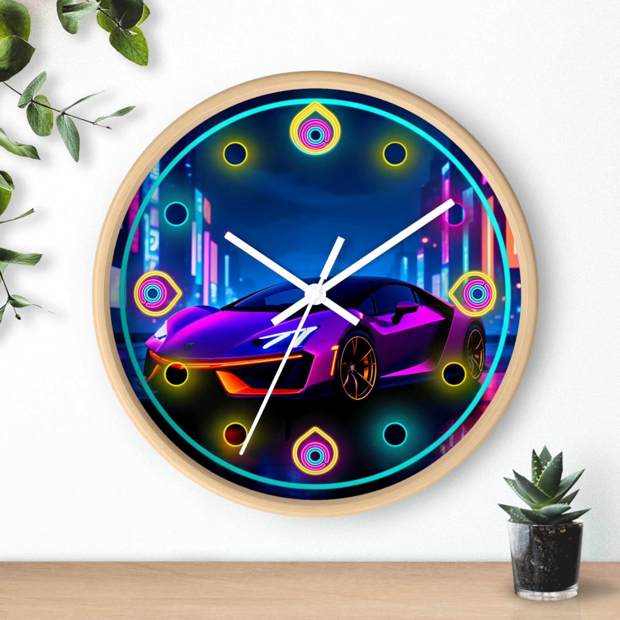 Futuristic Neon Light Supercar — Retro Wall Clock Decor