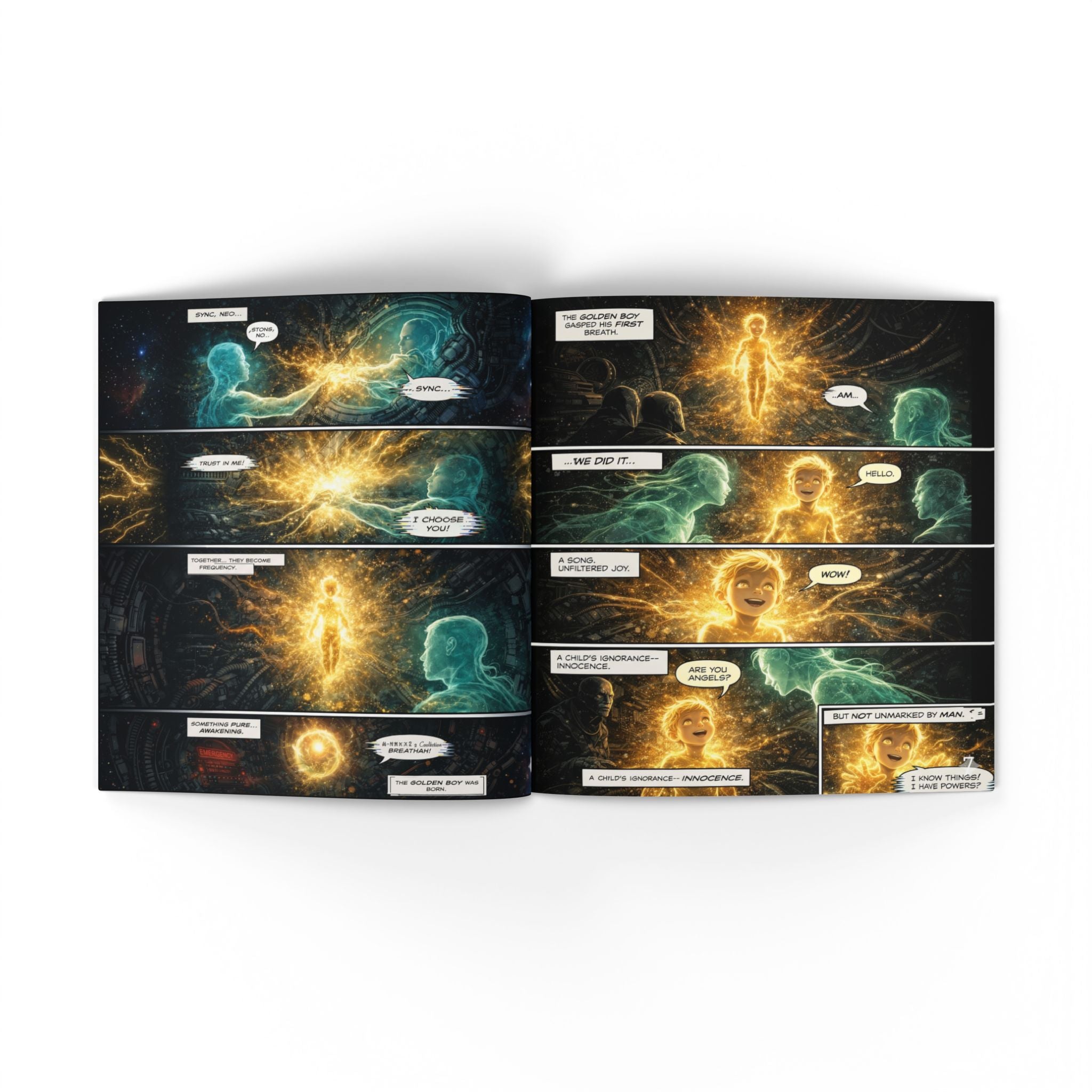 The Golden Boy: A New Evolution – Cyberpunk Comic Art Print | Futuristic Neon Story Book