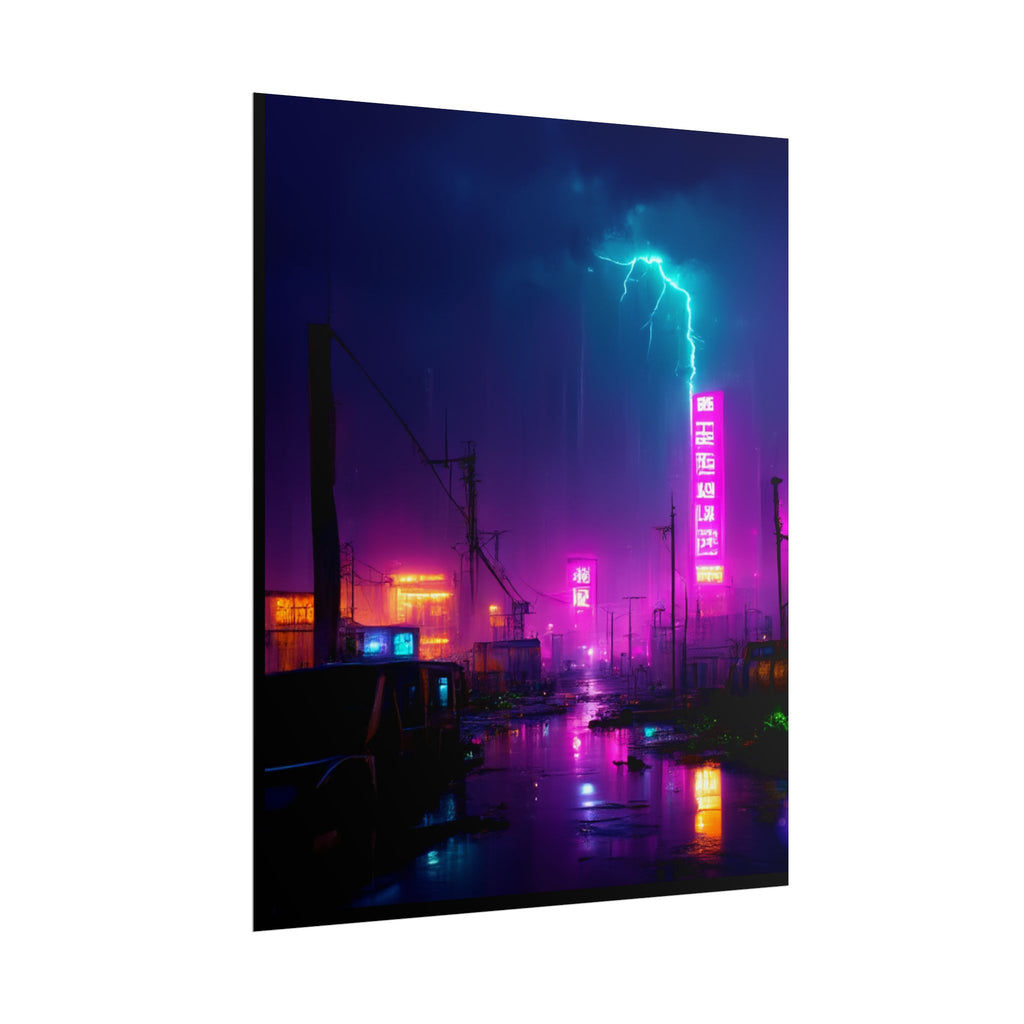Neon Cyberpunk City Poster — Lightning Nightscape Rolled Art Print