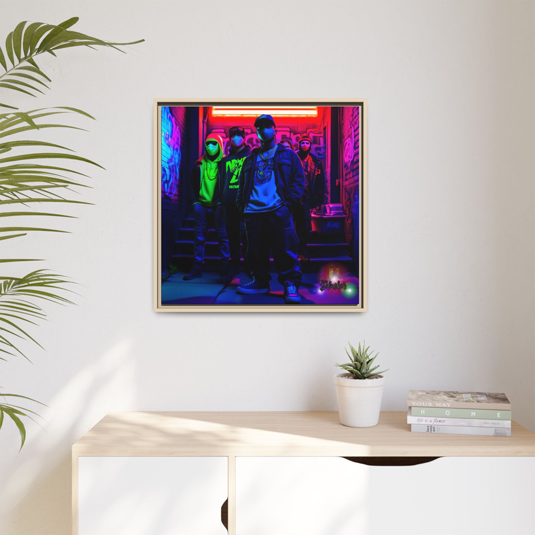 Cyberpunk Street Crew Framed Matte Canvas — Wall Art